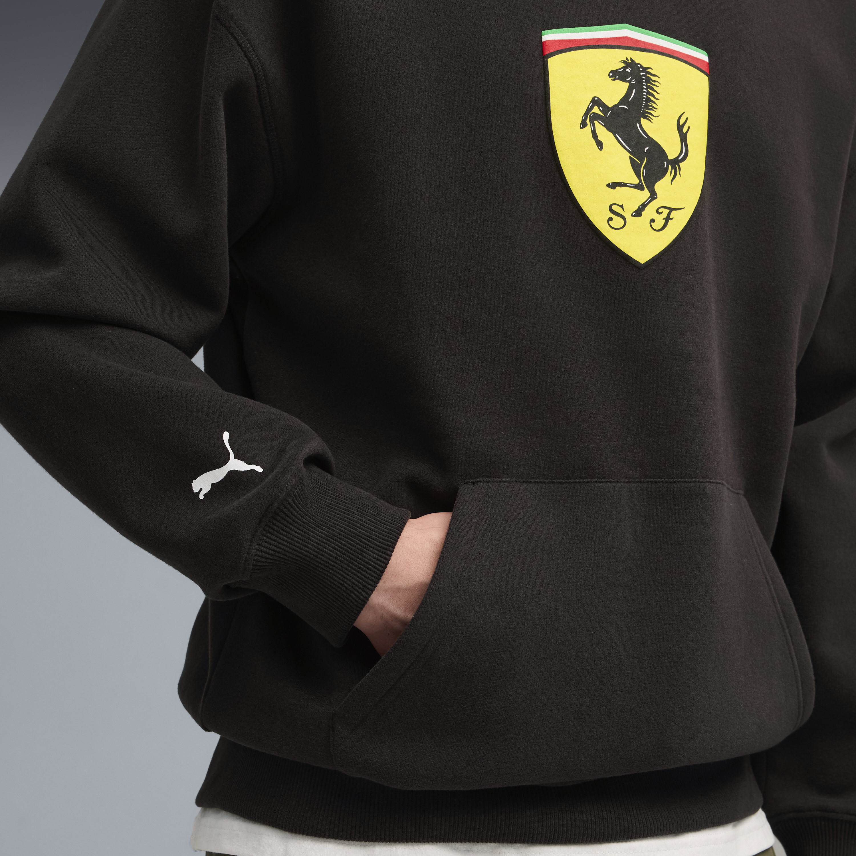 Hanorac Ferrari, Puma, îmbrăcăminte sport, logo cu scut, negru 🔥