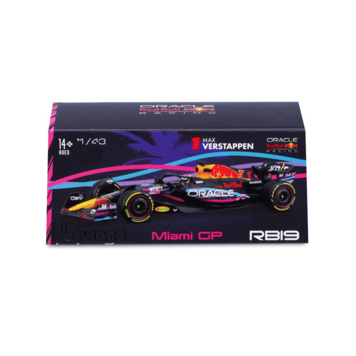 Red Bull Racing F1-Modellauto, mit Helm, RB19, bburago, 1:43, Miami-Version, Max Verstappen #1