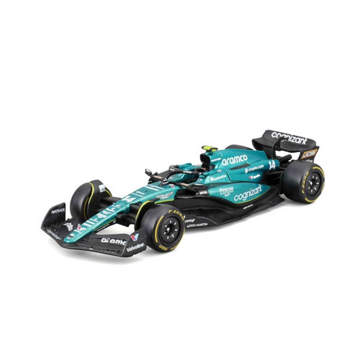 Aston Martin F1 Modellauto, mit Helm, AMR23, bburago, 1:43, Fernando Alonso #14