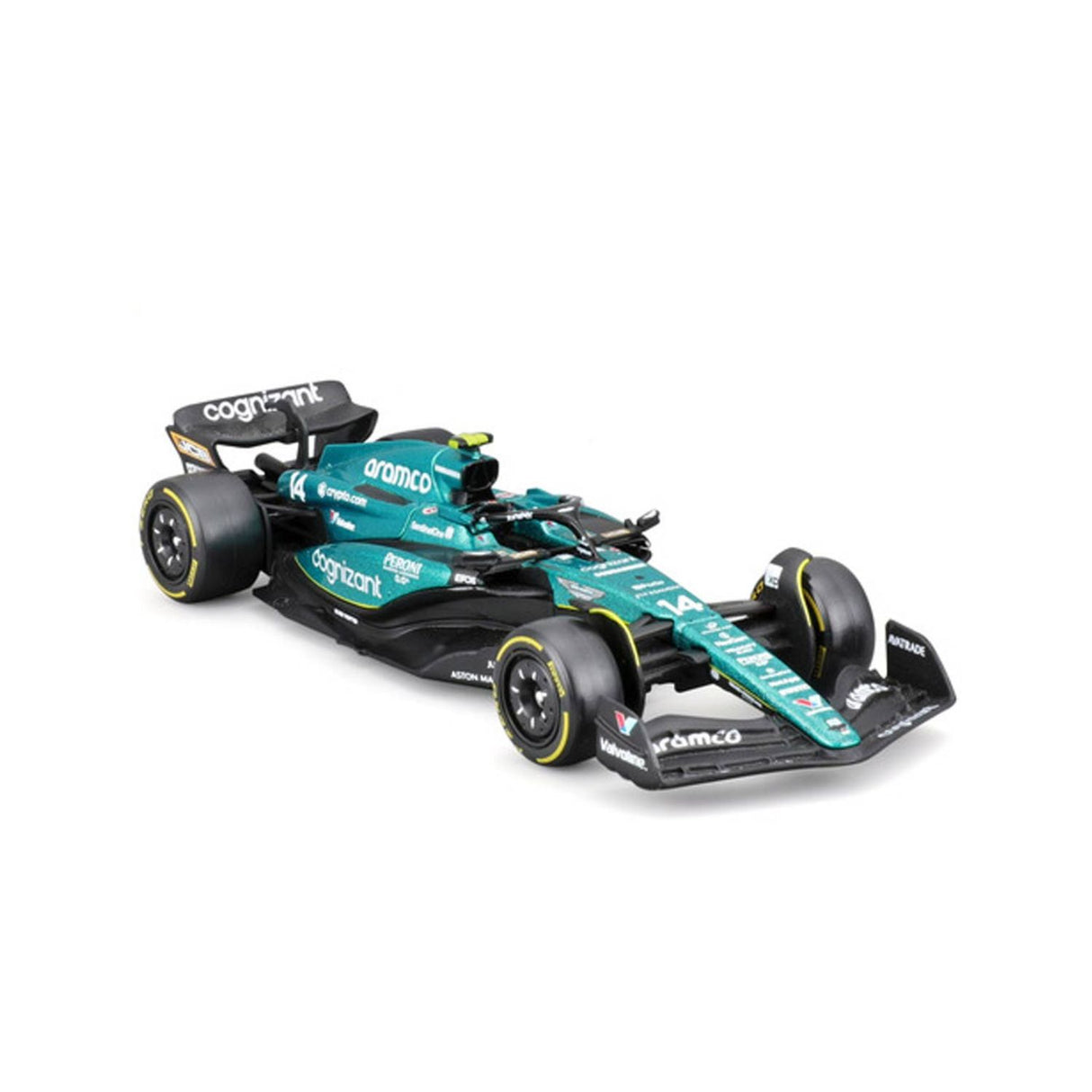 Aston Martin F1 Modellauto, mit Helm, AMR23, bburago, 1:43, Fernando Alonso #14