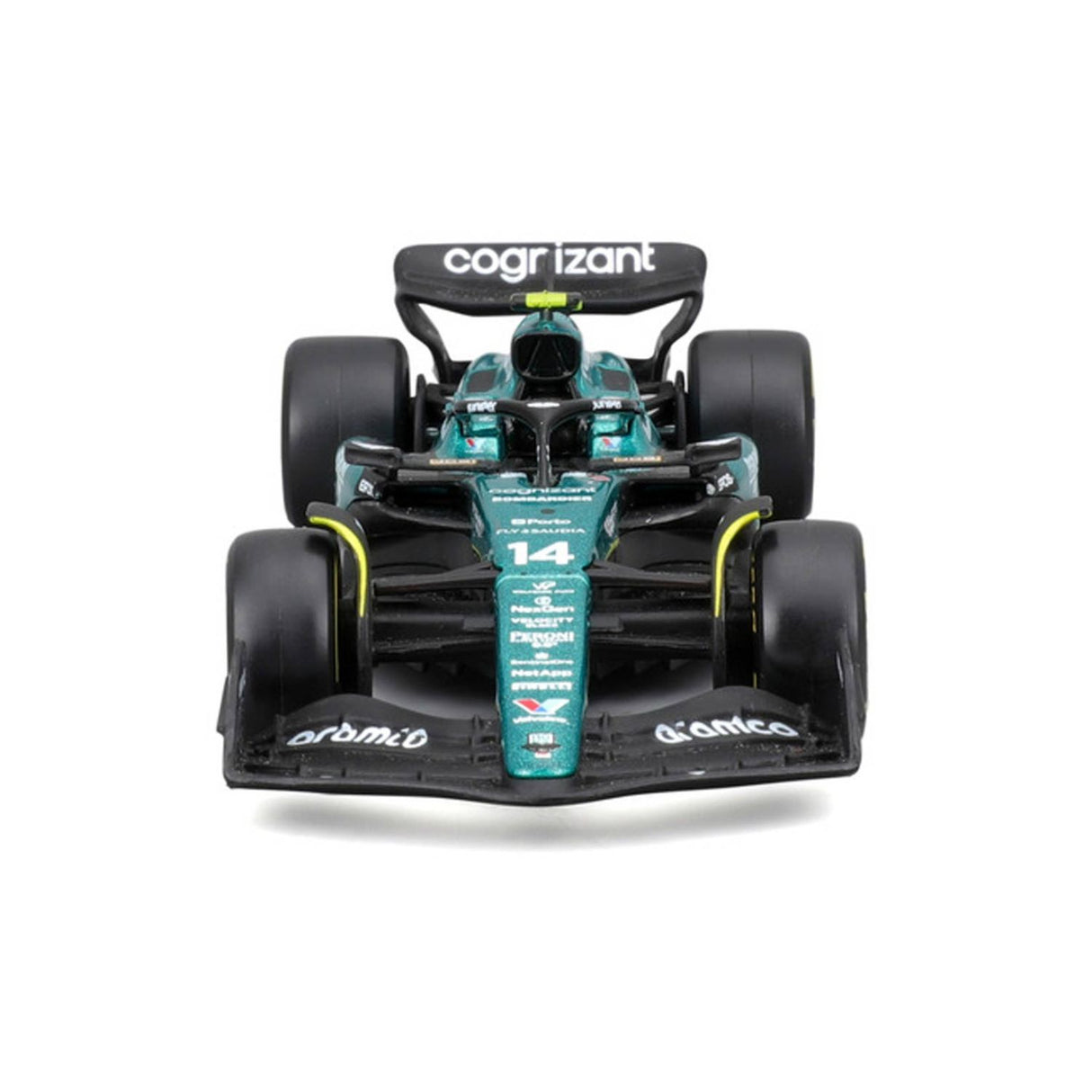 Aston Martin F1 Modellauto, mit Helm, AMR23, bburago, 1:43, Fernando Alonso #14