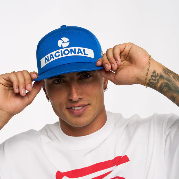 Ayrton Senna șapcă, Nacional, original 1984, cu husă rigidă din textil, albastru