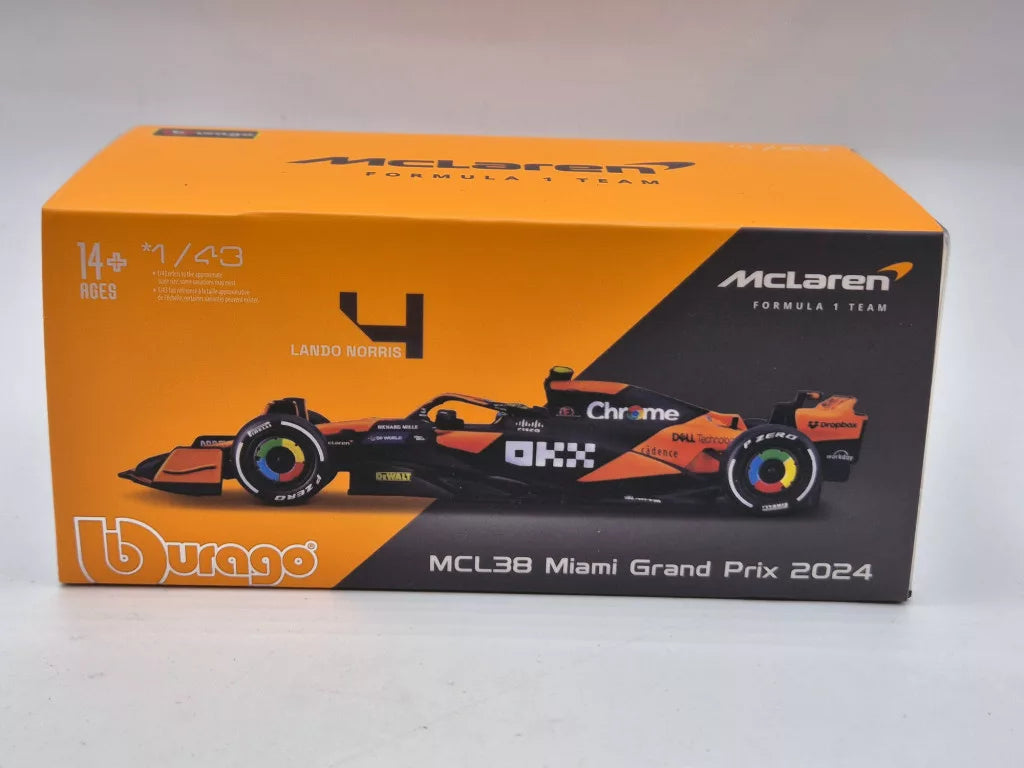 Mașinuță model McLaren, Bburago, Lando Norris, livery Miami, cutie acrilică, MCL38 🔥